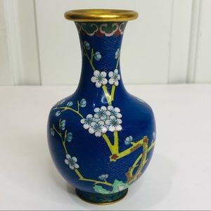 Vintage Cloisonné Enamel Floral Design Jar Colors Blue Gold White
